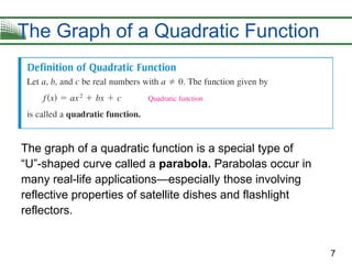 7
The Graph of a Quadratic Function
The graph of a quadratic function is a special type of
“U”-shaped curve called a parabola. Parabolas occur in
many real-life applications—especially those involving
reflective properties of satellite dishes and flashlight
reflectors.
 