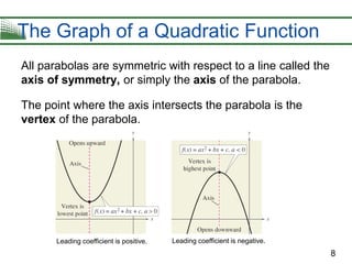 8
The Graph of a Quadratic Function
All parabolas are symmetric with respect to a line called the
axis of symmetry, or simply the axis of the parabola.
The point where the axis intersects the parabola is the
vertex of the parabola.
Leading coefficient is positive. Leading coefficient is negative.
 