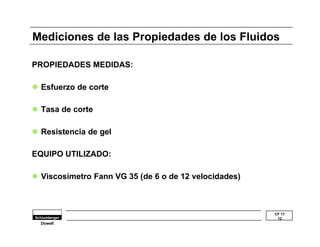Mediciones de las Propiedades de los Fluidos 
CF 17 
12 
PROPIEDADES MEDIDAS: 
l Esfuerzo de corte 
l Tasa de corte 
l Resistencia de gel 
EQUIPO UTILIZADO: 
l Viscosímetro Fann VG 35 (de 6 o de 12 velocidades) 
Dowell 
 