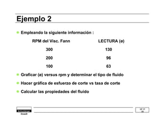 CF 17 
23 
Ejemplo 2 
l Empleando la siguiente información : 
Dowell 
RPM del Visc. Fann LECTURA (ø) 
300 130 
200 96 
100 63 
l Graficar (ø) versus rpm y determinar el tipo de fluido 
l Hacer gráfica de esfuerzo de corte vs tasa de corte 
l Calcular las propiedades del fluido 
 