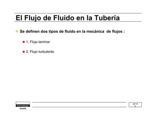 CF 17 
3 
El Flujo de Fluido en la Tubería 
l Se definen dos tipos de fluido en la mecánica de flujos : 
n 1. Flujo laminar 
n 2. Flujo turbulento 
Dowell 
 