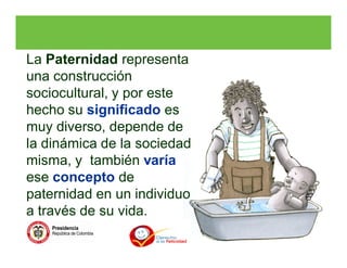 La Paternidad representa
una construcción
sociocultural, y por este
hecho su significado es
muy diverso, depende de
la dinámica de la sociedad
misma, y también varía
ese concepto de
paternidad en un individuo
a través de su vida.
 