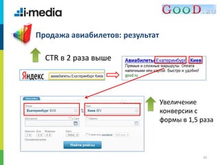 /
10
Продажа авиабилетов: результат
CTR в 2 раза выше
Увеличение
конверсии с
формы в 1,5 раза
 