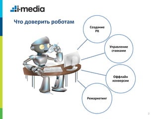 /
2
Что доверить роботам
Создание
РК
Управление
ставками
Оффлайн
конверсии
Ремаркетинг
 