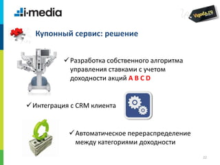 /
22
Купонный сервис: решение
Разработка собственного алгоритма
управления ставками с учетом
доходности акций A B C D
Автоматическое перераспределение
между категориями доходности
Интеграция с CRM клиента
 