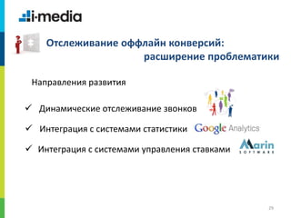 /
29
Направления развития
Отслеживание оффлайн конверсий:
расширение проблематики
 Интеграция с системами статистики
 Динамические отслеживание звонков
 Интеграция с системами управления ставками
 