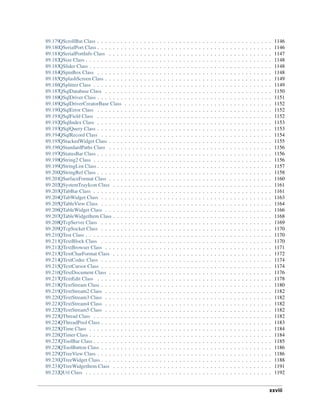 89.179QScrollBar Class . . . . . . . . . . . . . . . . . . . . . . . . . . . . . . . . . . . . . . . . . . . . . 1146
89.180QSerialPort Class . . . . . . . . . . . . . . . . . . . . . . . . . . . . . . . . . . . . . . . . . . . . . 1146
89.181QSerialPortInfo Class . . . . . . . . . . . . . . . . . . . . . . . . . . . . . . . . . . . . . . . . . . 1147
89.182QSize Class . . . . . . . . . . . . . . . . . . . . . . . . . . . . . . . . . . . . . . . . . . . . . . . . 1148
89.183QSlider Class . . . . . . . . . . . . . . . . . . . . . . . . . . . . . . . . . . . . . . . . . . . . . . . 1148
89.184QSpinBox Class . . . . . . . . . . . . . . . . . . . . . . . . . . . . . . . . . . . . . . . . . . . . . 1148
89.185QSplashScreen Class . . . . . . . . . . . . . . . . . . . . . . . . . . . . . . . . . . . . . . . . . . . 1149
89.186QSplitter Class . . . . . . . . . . . . . . . . . . . . . . . . . . . . . . . . . . . . . . . . . . . . . . 1149
89.187QSqlDatabase Class . . . . . . . . . . . . . . . . . . . . . . . . . . . . . . . . . . . . . . . . . . . 1150
89.188QSqlDriver Class . . . . . . . . . . . . . . . . . . . . . . . . . . . . . . . . . . . . . . . . . . . . . 1151
89.189QSqlDriverCreatorBase Class . . . . . . . . . . . . . . . . . . . . . . . . . . . . . . . . . . . . . . 1152
89.190QSqlError Class . . . . . . . . . . . . . . . . . . . . . . . . . . . . . . . . . . . . . . . . . . . . . 1152
89.191QSqlField Class . . . . . . . . . . . . . . . . . . . . . . . . . . . . . . . . . . . . . . . . . . . . . 1152
89.192QSqlIndex Class . . . . . . . . . . . . . . . . . . . . . . . . . . . . . . . . . . . . . . . . . . . . . 1153
89.193QSqlQuery Class . . . . . . . . . . . . . . . . . . . . . . . . . . . . . . . . . . . . . . . . . . . . . 1153
89.194QSqlRecord Class . . . . . . . . . . . . . . . . . . . . . . . . . . . . . . . . . . . . . . . . . . . . 1154
89.195QStackedWidget Class . . . . . . . . . . . . . . . . . . . . . . . . . . . . . . . . . . . . . . . . . . 1155
89.196QStandardPaths Class . . . . . . . . . . . . . . . . . . . . . . . . . . . . . . . . . . . . . . . . . . 1156
89.197QStatusBar Class . . . . . . . . . . . . . . . . . . . . . . . . . . . . . . . . . . . . . . . . . . . . . 1156
89.198QString2 Class . . . . . . . . . . . . . . . . . . . . . . . . . . . . . . . . . . . . . . . . . . . . . . 1156
89.199QStringList Class . . . . . . . . . . . . . . . . . . . . . . . . . . . . . . . . . . . . . . . . . . . . . 1157
89.200QStringRef Class . . . . . . . . . . . . . . . . . . . . . . . . . . . . . . . . . . . . . . . . . . . . . 1158
89.201QSurfaceFormat Class . . . . . . . . . . . . . . . . . . . . . . . . . . . . . . . . . . . . . . . . . . 1160
89.202QSystemTrayIcon Class . . . . . . . . . . . . . . . . . . . . . . . . . . . . . . . . . . . . . . . . . 1161
89.203QTabBar Class . . . . . . . . . . . . . . . . . . . . . . . . . . . . . . . . . . . . . . . . . . . . . . 1161
89.204QTabWidget Class . . . . . . . . . . . . . . . . . . . . . . . . . . . . . . . . . . . . . . . . . . . . 1163
89.205QTableView Class . . . . . . . . . . . . . . . . . . . . . . . . . . . . . . . . . . . . . . . . . . . . 1164
89.206QTableWidget Class . . . . . . . . . . . . . . . . . . . . . . . . . . . . . . . . . . . . . . . . . . . 1166
89.207QTableWidgetItem Class . . . . . . . . . . . . . . . . . . . . . . . . . . . . . . . . . . . . . . . . . 1168
89.208QTcpServer Class . . . . . . . . . . . . . . . . . . . . . . . . . . . . . . . . . . . . . . . . . . . . 1169
89.209QTcpSocket Class . . . . . . . . . . . . . . . . . . . . . . . . . . . . . . . . . . . . . . . . . . . . 1170
89.210QTest Class . . . . . . . . . . . . . . . . . . . . . . . . . . . . . . . . . . . . . . . . . . . . . . . . 1170
89.211QTextBlock Class . . . . . . . . . . . . . . . . . . . . . . . . . . . . . . . . . . . . . . . . . . . . 1170
89.212QTextBrowser Class . . . . . . . . . . . . . . . . . . . . . . . . . . . . . . . . . . . . . . . . . . . 1171
89.213QTextCharFormat Class . . . . . . . . . . . . . . . . . . . . . . . . . . . . . . . . . . . . . . . . . 1172
89.214QTextCodec Class . . . . . . . . . . . . . . . . . . . . . . . . . . . . . . . . . . . . . . . . . . . . 1174
89.215QTextCursor Class . . . . . . . . . . . . . . . . . . . . . . . . . . . . . . . . . . . . . . . . . . . . 1174
89.216QTextDocument Class . . . . . . . . . . . . . . . . . . . . . . . . . . . . . . . . . . . . . . . . . . 1176
89.217QTextEdit Class . . . . . . . . . . . . . . . . . . . . . . . . . . . . . . . . . . . . . . . . . . . . . 1178
89.218QTextStream Class . . . . . . . . . . . . . . . . . . . . . . . . . . . . . . . . . . . . . . . . . . . . 1180
89.219QTextStream2 Class . . . . . . . . . . . . . . . . . . . . . . . . . . . . . . . . . . . . . . . . . . . 1182
89.220QTextStream3 Class . . . . . . . . . . . . . . . . . . . . . . . . . . . . . . . . . . . . . . . . . . . 1182
89.221QTextStream4 Class . . . . . . . . . . . . . . . . . . . . . . . . . . . . . . . . . . . . . . . . . . . 1182
89.222QTextStream5 Class . . . . . . . . . . . . . . . . . . . . . . . . . . . . . . . . . . . . . . . . . . . 1182
89.223QThread Class . . . . . . . . . . . . . . . . . . . . . . . . . . . . . . . . . . . . . . . . . . . . . . 1182
89.224QThreadPool Class . . . . . . . . . . . . . . . . . . . . . . . . . . . . . . . . . . . . . . . . . . . . 1183
89.225QTime Class . . . . . . . . . . . . . . . . . . . . . . . . . . . . . . . . . . . . . . . . . . . . . . . 1184
89.226QTimer Class . . . . . . . . . . . . . . . . . . . . . . . . . . . . . . . . . . . . . . . . . . . . . . . 1184
89.227QToolBar Class . . . . . . . . . . . . . . . . . . . . . . . . . . . . . . . . . . . . . . . . . . . . . . 1185
89.228QToolButton Class . . . . . . . . . . . . . . . . . . . . . . . . . . . . . . . . . . . . . . . . . . . . 1186
89.229QTreeView Class . . . . . . . . . . . . . . . . . . . . . . . . . . . . . . . . . . . . . . . . . . . . . 1186
89.230QTreeWidget Class . . . . . . . . . . . . . . . . . . . . . . . . . . . . . . . . . . . . . . . . . . . . 1188
89.231QTreeWidgetItem Class . . . . . . . . . . . . . . . . . . . . . . . . . . . . . . . . . . . . . . . . . 1191
89.232QUrl Class . . . . . . . . . . . . . . . . . . . . . . . . . . . . . . . . . . . . . . . . . . . . . . . . 1192
xxviii
 