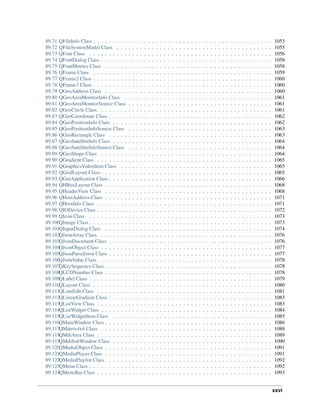 89.71 QFileInfo Class . . . . . . . . . . . . . . . . . . . . . . . . . . . . . . . . . . . . . . . . . . . . . . 1053
89.72 QFileSystemModel Class . . . . . . . . . . . . . . . . . . . . . . . . . . . . . . . . . . . . . . . . 1055
89.73 QFont Class . . . . . . . . . . . . . . . . . . . . . . . . . . . . . . . . . . . . . . . . . . . . . . . 1056
89.74 QFontDialog Class . . . . . . . . . . . . . . . . . . . . . . . . . . . . . . . . . . . . . . . . . . . . 1058
89.75 QFontMetrics Class . . . . . . . . . . . . . . . . . . . . . . . . . . . . . . . . . . . . . . . . . . . 1058
89.76 QFrame Class . . . . . . . . . . . . . . . . . . . . . . . . . . . . . . . . . . . . . . . . . . . . . . 1059
89.77 QFrame2 Class . . . . . . . . . . . . . . . . . . . . . . . . . . . . . . . . . . . . . . . . . . . . . . 1060
89.78 QFrame3 Class . . . . . . . . . . . . . . . . . . . . . . . . . . . . . . . . . . . . . . . . . . . . . . 1060
89.79 QGeoAddress Class . . . . . . . . . . . . . . . . . . . . . . . . . . . . . . . . . . . . . . . . . . . 1060
89.80 QGeoAreaMonitorInfo Class . . . . . . . . . . . . . . . . . . . . . . . . . . . . . . . . . . . . . . 1061
89.81 QGeoAreaMonitorSource Class . . . . . . . . . . . . . . . . . . . . . . . . . . . . . . . . . . . . . 1061
89.82 QGeoCircle Class . . . . . . . . . . . . . . . . . . . . . . . . . . . . . . . . . . . . . . . . . . . . 1061
89.83 QGeoCoordinate Class . . . . . . . . . . . . . . . . . . . . . . . . . . . . . . . . . . . . . . . . . . 1062
89.84 QGeoPositionInfo Class . . . . . . . . . . . . . . . . . . . . . . . . . . . . . . . . . . . . . . . . . 1062
89.85 QGeoPositionInfoSource Class . . . . . . . . . . . . . . . . . . . . . . . . . . . . . . . . . . . . . 1063
89.86 QGeoRectangle Class . . . . . . . . . . . . . . . . . . . . . . . . . . . . . . . . . . . . . . . . . . 1063
89.87 QGeoSatelliteInfo Class . . . . . . . . . . . . . . . . . . . . . . . . . . . . . . . . . . . . . . . . . 1064
89.88 QGeoSatelliteInfoSource Class . . . . . . . . . . . . . . . . . . . . . . . . . . . . . . . . . . . . . 1064
89.89 QGeoShape Class . . . . . . . . . . . . . . . . . . . . . . . . . . . . . . . . . . . . . . . . . . . . 1064
89.90 QGradient Class . . . . . . . . . . . . . . . . . . . . . . . . . . . . . . . . . . . . . . . . . . . . . 1065
89.91 QGraphicsVideoItem Class . . . . . . . . . . . . . . . . . . . . . . . . . . . . . . . . . . . . . . . 1065
89.92 QGridLayout Class . . . . . . . . . . . . . . . . . . . . . . . . . . . . . . . . . . . . . . . . . . . . 1065
89.93 QGuiApplication Class . . . . . . . . . . . . . . . . . . . . . . . . . . . . . . . . . . . . . . . . . . 1066
89.94 QHBoxLayout Class . . . . . . . . . . . . . . . . . . . . . . . . . . . . . . . . . . . . . . . . . . . 1068
89.95 QHeaderView Class . . . . . . . . . . . . . . . . . . . . . . . . . . . . . . . . . . . . . . . . . . . 1068
89.96 QHostAddress Class . . . . . . . . . . . . . . . . . . . . . . . . . . . . . . . . . . . . . . . . . . . 1071
89.97 QHostInfo Class . . . . . . . . . . . . . . . . . . . . . . . . . . . . . . . . . . . . . . . . . . . . . 1071
89.98 QIODevice Class . . . . . . . . . . . . . . . . . . . . . . . . . . . . . . . . . . . . . . . . . . . . . 1072
89.99 QIcon Class . . . . . . . . . . . . . . . . . . . . . . . . . . . . . . . . . . . . . . . . . . . . . . . 1073
89.100QImage Class . . . . . . . . . . . . . . . . . . . . . . . . . . . . . . . . . . . . . . . . . . . . . . . 1073
89.101QInputDialog Class . . . . . . . . . . . . . . . . . . . . . . . . . . . . . . . . . . . . . . . . . . . 1074
89.102QJsonArray Class . . . . . . . . . . . . . . . . . . . . . . . . . . . . . . . . . . . . . . . . . . . . 1076
89.103QJsonDocument Class . . . . . . . . . . . . . . . . . . . . . . . . . . . . . . . . . . . . . . . . . . 1076
89.104QJsonObject Class . . . . . . . . . . . . . . . . . . . . . . . . . . . . . . . . . . . . . . . . . . . . 1077
89.105QJsonParseError Class . . . . . . . . . . . . . . . . . . . . . . . . . . . . . . . . . . . . . . . . . . 1077
89.106QJsonValue Class . . . . . . . . . . . . . . . . . . . . . . . . . . . . . . . . . . . . . . . . . . . . 1078
89.107QKeySequence Class . . . . . . . . . . . . . . . . . . . . . . . . . . . . . . . . . . . . . . . . . . . 1078
89.108QLCDNumber Class . . . . . . . . . . . . . . . . . . . . . . . . . . . . . . . . . . . . . . . . . . . 1078
89.109QLabel Class . . . . . . . . . . . . . . . . . . . . . . . . . . . . . . . . . . . . . . . . . . . . . . . 1079
89.110QLayout Class . . . . . . . . . . . . . . . . . . . . . . . . . . . . . . . . . . . . . . . . . . . . . . 1080
89.111QLineEdit Class . . . . . . . . . . . . . . . . . . . . . . . . . . . . . . . . . . . . . . . . . . . . . 1081
89.112QLinearGradient Class . . . . . . . . . . . . . . . . . . . . . . . . . . . . . . . . . . . . . . . . . . 1083
89.113QListView Class . . . . . . . . . . . . . . . . . . . . . . . . . . . . . . . . . . . . . . . . . . . . . 1083
89.114QListWidget Class . . . . . . . . . . . . . . . . . . . . . . . . . . . . . . . . . . . . . . . . . . . . 1084
89.115QListWidgetItem Class . . . . . . . . . . . . . . . . . . . . . . . . . . . . . . . . . . . . . . . . . 1085
89.116QMainWindow Class . . . . . . . . . . . . . . . . . . . . . . . . . . . . . . . . . . . . . . . . . . . 1086
89.117QMatrix4x4 Class . . . . . . . . . . . . . . . . . . . . . . . . . . . . . . . . . . . . . . . . . . . . 1088
89.118QMdiArea Class . . . . . . . . . . . . . . . . . . . . . . . . . . . . . . . . . . . . . . . . . . . . . 1089
89.119QMdiSubWindow Class . . . . . . . . . . . . . . . . . . . . . . . . . . . . . . . . . . . . . . . . . 1090
89.120QMediaObject Class . . . . . . . . . . . . . . . . . . . . . . . . . . . . . . . . . . . . . . . . . . . 1091
89.121QMediaPlayer Class . . . . . . . . . . . . . . . . . . . . . . . . . . . . . . . . . . . . . . . . . . . 1091
89.122QMediaPlaylist Class . . . . . . . . . . . . . . . . . . . . . . . . . . . . . . . . . . . . . . . . . . 1092
89.123QMenu Class . . . . . . . . . . . . . . . . . . . . . . . . . . . . . . . . . . . . . . . . . . . . . . . 1092
89.124QMenuBar Class . . . . . . . . . . . . . . . . . . . . . . . . . . . . . . . . . . . . . . . . . . . . . 1093
xxvi
 