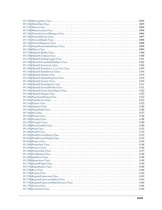 89.125QMessageBox Class . . . . . . . . . . . . . . . . . . . . . . . . . . . . . . . . . . . . . . . . . . . 1094
89.126QMimeData Class . . . . . . . . . . . . . . . . . . . . . . . . . . . . . . . . . . . . . . . . . . . . 1095
89.127QMutex Class . . . . . . . . . . . . . . . . . . . . . . . . . . . . . . . . . . . . . . . . . . . . . . 1096
89.128QMutexLocker Class . . . . . . . . . . . . . . . . . . . . . . . . . . . . . . . . . . . . . . . . . . . 1096
89.129QNetworkAccessManager Class . . . . . . . . . . . . . . . . . . . . . . . . . . . . . . . . . . . . . 1096
89.130QNetworkProxy Class . . . . . . . . . . . . . . . . . . . . . . . . . . . . . . . . . . . . . . . . . . 1097
89.131QNetworkReply Class . . . . . . . . . . . . . . . . . . . . . . . . . . . . . . . . . . . . . . . . . . 1098
89.132QNetworkRequest Class . . . . . . . . . . . . . . . . . . . . . . . . . . . . . . . . . . . . . . . . . 1098
89.133QNmeaPositionInfoSource Class . . . . . . . . . . . . . . . . . . . . . . . . . . . . . . . . . . . . 1099
89.134QObject Class . . . . . . . . . . . . . . . . . . . . . . . . . . . . . . . . . . . . . . . . . . . . . . 1099
89.135QOpenGLBuffer Class . . . . . . . . . . . . . . . . . . . . . . . . . . . . . . . . . . . . . . . . . . 1100
89.136QOpenGLContext Class . . . . . . . . . . . . . . . . . . . . . . . . . . . . . . . . . . . . . . . . . 1100
89.137QOpenGLDebugLogger Class . . . . . . . . . . . . . . . . . . . . . . . . . . . . . . . . . . . . . . 1101
89.138QOpenGLFramebufferObject Class . . . . . . . . . . . . . . . . . . . . . . . . . . . . . . . . . . . 1102
89.139QOpenGLFunctions Class . . . . . . . . . . . . . . . . . . . . . . . . . . . . . . . . . . . . . . . . 1102
89.140QOpenGLFunctions_3_2_Core Class . . . . . . . . . . . . . . . . . . . . . . . . . . . . . . . . . . 1107
89.141QOpenGLPaintDevice Class . . . . . . . . . . . . . . . . . . . . . . . . . . . . . . . . . . . . . . . 1114
89.142QOpenGLShader Class . . . . . . . . . . . . . . . . . . . . . . . . . . . . . . . . . . . . . . . . . 1115
89.143QOpenGLShaderProgram Class . . . . . . . . . . . . . . . . . . . . . . . . . . . . . . . . . . . . . 1115
89.144QOpenGLTexture Class . . . . . . . . . . . . . . . . . . . . . . . . . . . . . . . . . . . . . . . . . 1119
89.145QOpenGLTimerQuery Class . . . . . . . . . . . . . . . . . . . . . . . . . . . . . . . . . . . . . . . 1121
89.146QOpenGLVersionProﬁle Class . . . . . . . . . . . . . . . . . . . . . . . . . . . . . . . . . . . . . . 1121
89.147QOpenGLVertexArrayObject Class . . . . . . . . . . . . . . . . . . . . . . . . . . . . . . . . . . . 1122
89.148QOpenGLWidget Class . . . . . . . . . . . . . . . . . . . . . . . . . . . . . . . . . . . . . . . . . 1122
89.149QPageSetupDialog Class . . . . . . . . . . . . . . . . . . . . . . . . . . . . . . . . . . . . . . . . . 1123
89.150QPaintDevice Class . . . . . . . . . . . . . . . . . . . . . . . . . . . . . . . . . . . . . . . . . . . 1123
89.151QPainter Class . . . . . . . . . . . . . . . . . . . . . . . . . . . . . . . . . . . . . . . . . . . . . . 1123
89.152QPainter2 Class . . . . . . . . . . . . . . . . . . . . . . . . . . . . . . . . . . . . . . . . . . . . . 1126
89.153QPainterPath Class . . . . . . . . . . . . . . . . . . . . . . . . . . . . . . . . . . . . . . . . . . . . 1126
89.154QPen Class . . . . . . . . . . . . . . . . . . . . . . . . . . . . . . . . . . . . . . . . . . . . . . . . 1127
89.155QPicture Class . . . . . . . . . . . . . . . . . . . . . . . . . . . . . . . . . . . . . . . . . . . . . . 1128
89.156QPixmap Class . . . . . . . . . . . . . . . . . . . . . . . . . . . . . . . . . . . . . . . . . . . . . . 1128
89.157QPixmap2 Class . . . . . . . . . . . . . . . . . . . . . . . . . . . . . . . . . . . . . . . . . . . . . 1130
89.158QPlainTextEdit Class . . . . . . . . . . . . . . . . . . . . . . . . . . . . . . . . . . . . . . . . . . . 1130
89.159QPoint Class . . . . . . . . . . . . . . . . . . . . . . . . . . . . . . . . . . . . . . . . . . . . . . . 1132
89.160QPointF Class . . . . . . . . . . . . . . . . . . . . . . . . . . . . . . . . . . . . . . . . . . . . . . 1133
89.161QPrintPreviewDialog Class . . . . . . . . . . . . . . . . . . . . . . . . . . . . . . . . . . . . . . . 1133
89.162QPrintPreviewWidget Class . . . . . . . . . . . . . . . . . . . . . . . . . . . . . . . . . . . . . . . 1133
89.163QPrinter Class . . . . . . . . . . . . . . . . . . . . . . . . . . . . . . . . . . . . . . . . . . . . . . 1134
89.164QPrinterInfo Class . . . . . . . . . . . . . . . . . . . . . . . . . . . . . . . . . . . . . . . . . . . . 1136
89.165QProcess Class . . . . . . . . . . . . . . . . . . . . . . . . . . . . . . . . . . . . . . . . . . . . . . 1136
89.166QProgressBar Class . . . . . . . . . . . . . . . . . . . . . . . . . . . . . . . . . . . . . . . . . . . 1137
89.167QPushButton Class . . . . . . . . . . . . . . . . . . . . . . . . . . . . . . . . . . . . . . . . . . . . 1138
89.168QQmlError Class . . . . . . . . . . . . . . . . . . . . . . . . . . . . . . . . . . . . . . . . . . . . . 1138
89.169QQuaternion Class . . . . . . . . . . . . . . . . . . . . . . . . . . . . . . . . . . . . . . . . . . . . 1139
89.170QQuickWidget Class . . . . . . . . . . . . . . . . . . . . . . . . . . . . . . . . . . . . . . . . . . . 1139
89.171QRadioButton Class . . . . . . . . . . . . . . . . . . . . . . . . . . . . . . . . . . . . . . . . . . . 1140
89.172QRect Class . . . . . . . . . . . . . . . . . . . . . . . . . . . . . . . . . . . . . . . . . . . . . . . 1140
89.173QRegion Class . . . . . . . . . . . . . . . . . . . . . . . . . . . . . . . . . . . . . . . . . . . . . . 1142
89.174QRegularExpression Class . . . . . . . . . . . . . . . . . . . . . . . . . . . . . . . . . . . . . . . . 1143
89.175QRegularExpressionMatch Class . . . . . . . . . . . . . . . . . . . . . . . . . . . . . . . . . . . . 1143
89.176QRegularExpressionMatchIterator Class . . . . . . . . . . . . . . . . . . . . . . . . . . . . . . . . 1144
89.177QScreen Class . . . . . . . . . . . . . . . . . . . . . . . . . . . . . . . . . . . . . . . . . . . . . . 1144
89.178QScrollArea Class . . . . . . . . . . . . . . . . . . . . . . . . . . . . . . . . . . . . . . . . . . . . 1145
xxvii
 