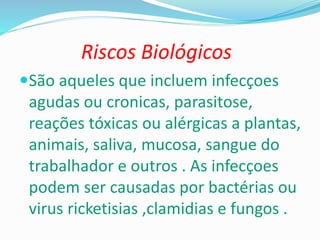 Riscos Biológicos
São aqueles que incluem infecçoes
agudas ou cronicas, parasitose,
reações tóxicas ou alérgicas a plantas,
animais, saliva, mucosa, sangue do
trabalhador e outros . As infecçoes
podem ser causadas por bactérias ou
virus ricketisias ,clamidias e fungos .
 