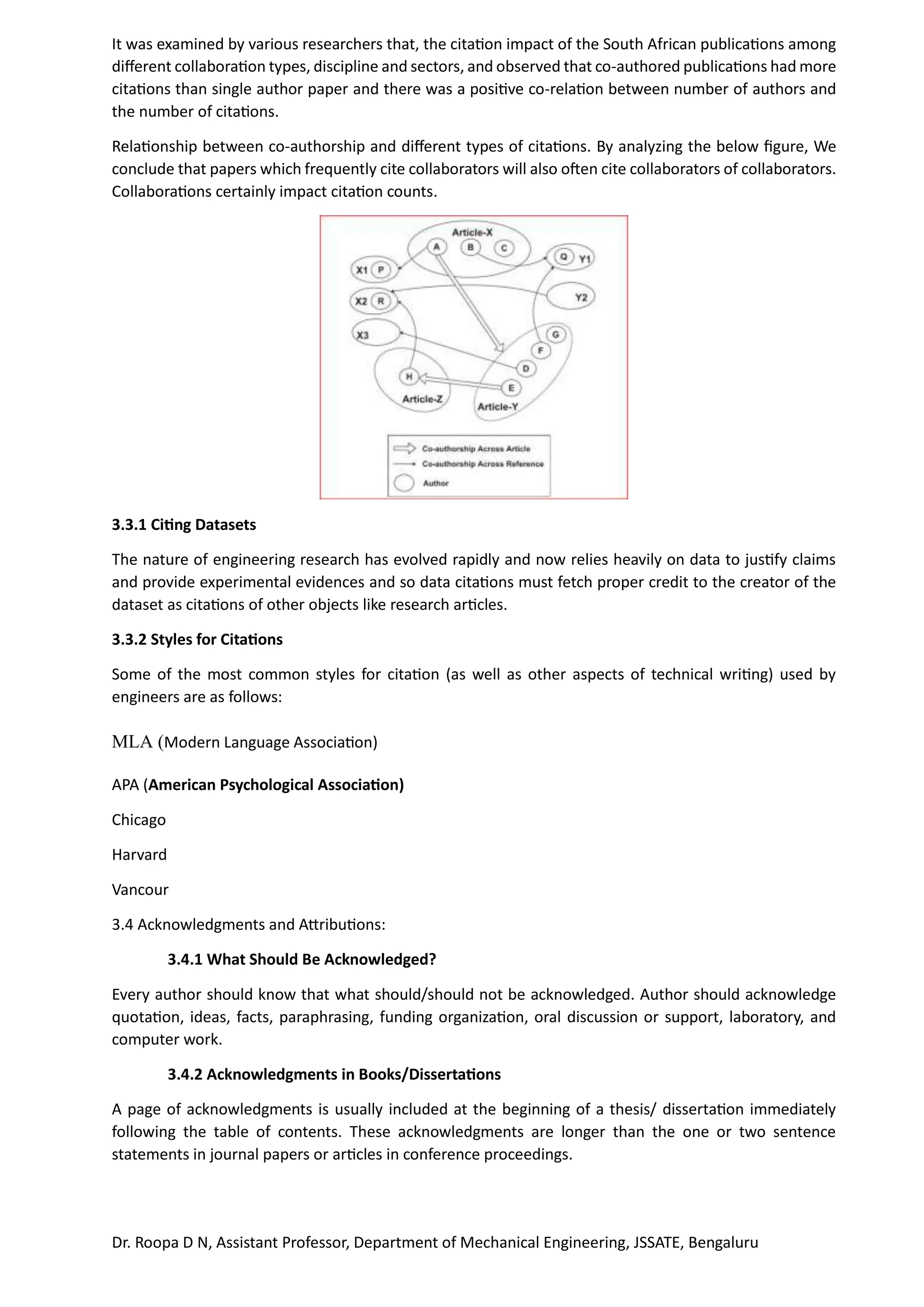 Dr. Roopa D N, Assistant Professor, Department of Mechanical Engineering, JSSATE, Bengaluru
It was examined by various researchers that, the citation impact of the South African publications among
different collaboration types, discipline and sectors, and observed that co-authored publications had more
citations than single author paper and there was a positive co-relation between number of authors and
the number of citations.
Relationship between co-authorship and different types of citations. By analyzing the below figure, We
conclude that papers which frequently cite collaborators will also often cite collaborators of collaborators.
Collaborations certainly impact citation counts.
3.3.1 Citing Datasets
The nature of engineering research has evolved rapidly and now relies heavily on data to justify claims
and provide experimental evidences and so data citations must fetch proper credit to the creator of the
dataset as citations of other objects like research articles.
3.3.2 Styles for Citations
Some of the most common styles for citation (as well as other aspects of technical writing) used by
engineers are as follows:
MLA (Modern Language Association)
APA (American Psychological Association)
Chicago
Harvard
Vancour
3.4 Acknowledgments and Attributions:
3.4.1 What Should Be Acknowledged?
Every author should know that what should/should not be acknowledged. Author should acknowledge
quotation, ideas, facts, paraphrasing, funding organization, oral discussion or support, laboratory, and
computer work.
3.4.2 Acknowledgments in Books/Dissertations
A page of acknowledgments is usually included at the beginning of a thesis/ dissertation immediately
following the table of contents. These acknowledgments are longer than the one or two sentence
statements in journal papers or articles in conference proceedings.
 