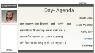 Mr Nanda Mohan Shenoy
CISA CAIIB
<2/50>
Recite Sloka
Sloka Meaning
Carry over
Revision
Roadmap
Day- Agenda
रामो राजमण िः स...
