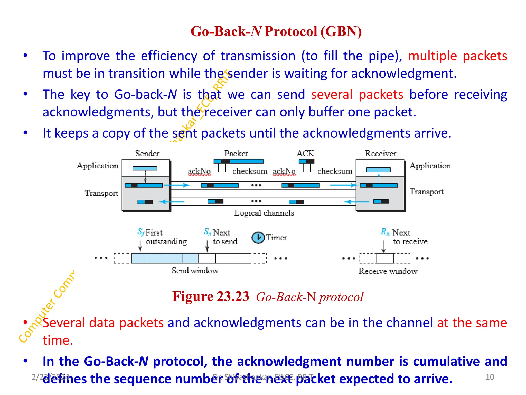 Go-Back-N Protocol (GBN)
• To improve the efficiency of transmission (to fill the pipe), multiple packets
must be in transition while the sender is waiting for acknowledgment.
• The key to Go-back-N is that we can send several packets before receiving
acknowledgments, but the receiver can only buffer one packet.
• It keeps a copy of the sent packets until the acknowledgments arrive.
• Several data packets and acknowledgments can be in the channel at the same
time.
• In the Go-Back-N protocol, the acknowledgment number is cumulative and
defines the sequence number of the next packet expected to arrive.
2/22/2024 10
Dr. Shivashankar, E&CE, RRIT
Figure 23.23 Go-Back-N protocol
 