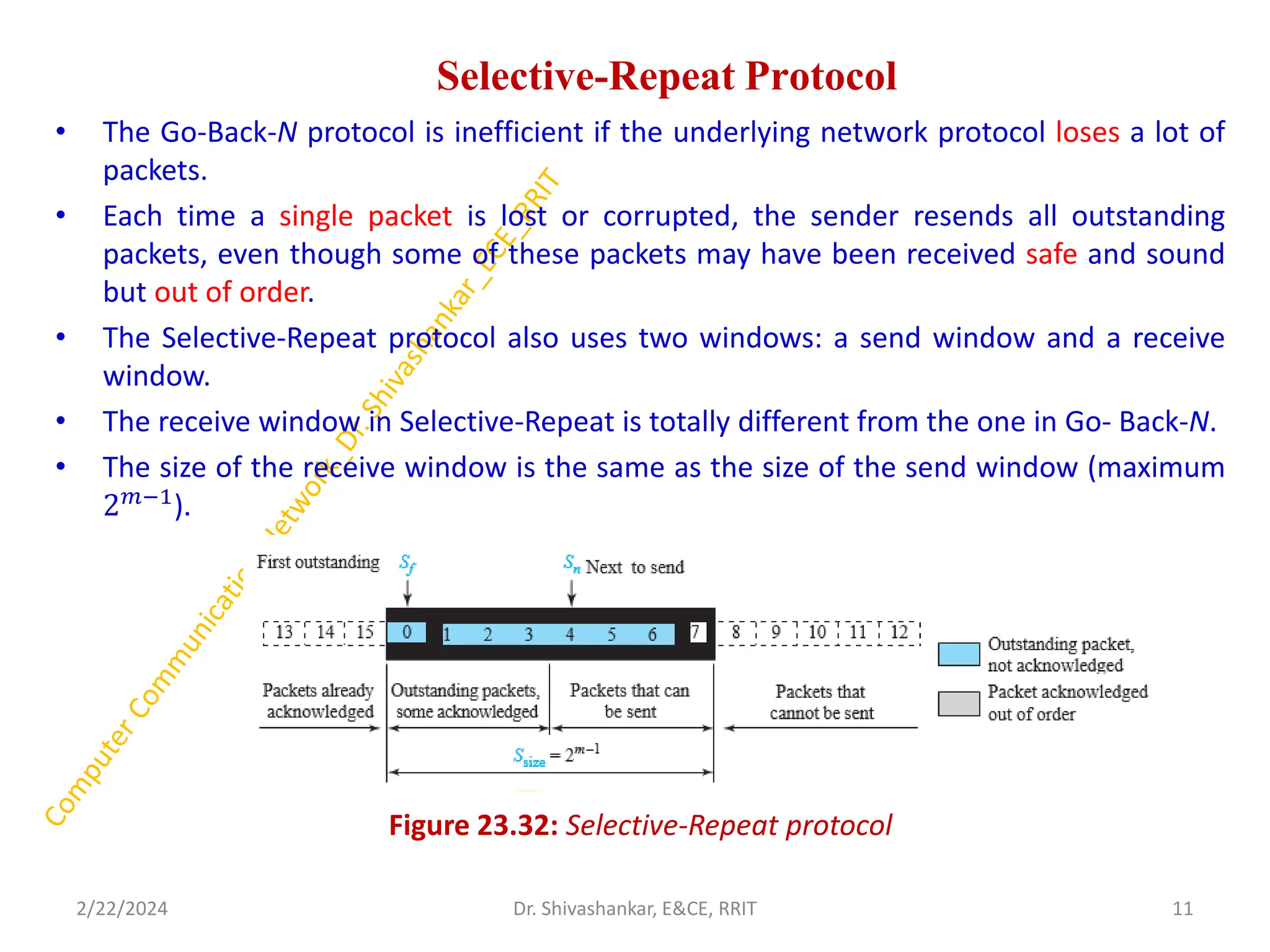 Selective-Repeat Protocol
• The Go-Back-N protocol is inefficient if the underlying network protocol loses a lot of
packets.
• Each time a single packet is lost or corrupted, the sender resends all outstanding
packets, even though some of these packets may have been received safe and sound
but out of order.
• The Selective-Repeat protocol also uses two windows: a send window and a receive
window.
• The receive window in Selective-Repeat is totally different from the one in Go- Back-N.
• The size of the receive window is the same as the size of the send window (maximum
2𝑚−1
).
Figure 23.32: Selective-Repeat protocol
2/22/2024 11
Dr. Shivashankar, E&CE, RRIT
 