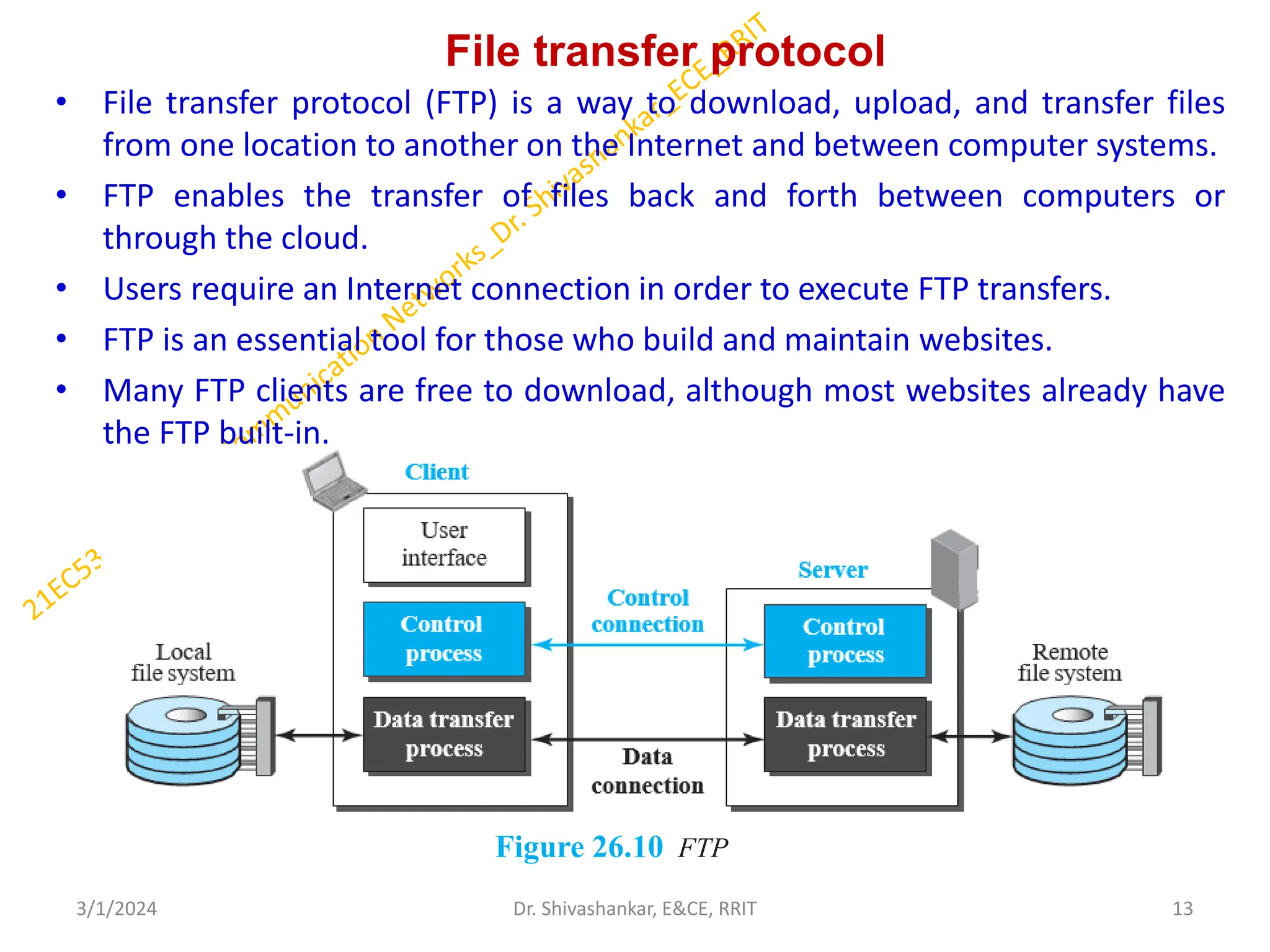 File transfer protocol
• File transfer protocol (FTP) is a way to download, upload, and transfer files
from one location to another on the Internet and between computer systems.
• FTP enables the transfer of files back and forth between computers or
through the cloud.
• Users require an Internet connection in order to execute FTP transfers.
• FTP is an essential tool for those who build and maintain websites.
• Many FTP clients are free to download, although most websites already have
the FTP built-in.
3/1/2024 13
Dr. Shivashankar, E&CE, RRIT
Figure 26.10 FTP
 