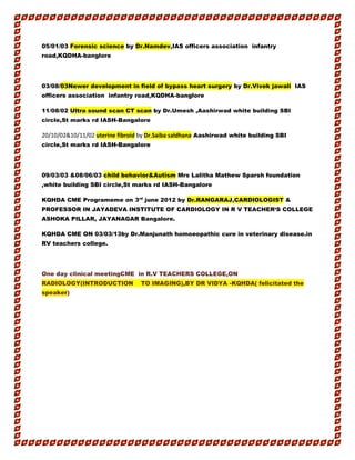 05/01/03 Forensic science by Dr.Namdev,IAS officers association infantry
road,KQDHA-banglore
03/08/03Newer development in field of bypass heart surgery by Dr.Vivek jawali IAS
officers association infantry road,KQDHA-banglore
11/08/02 Ultra sound scan CT scan by Dr.Umesh ,Aashirwad white building SBI
circle,St marks rd IASH-Bangalore
20/10/02&10/11/02 uterine fibroid by Dr.Saiba saldhana Aashirwad white building SBI
circle,St marks rd IASH-Bangalore
09/03/03 &08/06/03 child behavior&Autism Mrs Lalitha Mathew Sparsh foundation
,white building SBI circle,St marks rd IASH-Bangalore
KQHDA CME Programeme on 3rd
june 2012 by Dr.RANGARAJ,CARDIOLOGIST &
PROFESSOR IN JAYADEVA INSTITUTE OF CARDIOLOGY IN R V TEACHER‘S COLLEGE
ASHOKA PILLAR, JAYANAGAR Bangalore.
KQHDA CME ON 03/03/13by Dr.Manjunath homoeopathic cure in veterinary disease.in
RV teachers college.
One day clinical meetingCME in R.V TEACHERS COLLEGE,ON
RADIOLOGY(INTRODUCTION TO IMAGING),BY DR VIDYA -KQHDA( felicitated the
speaker)
 