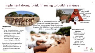 18
Implement drought-risk financing to build resilience
Those who purchased
insurance:
- 36% drop in distress
sales of livestock
- 25% reduced
likelihood of having to
eat significantly
smaller meals
- 33% reduction in
dependence on food
aid
Taking to scale
IBLI:
• Kenya Livestock Insurance Program
(KLIP) social protection program
• Introduced in Ethiopia where
adoption has grown
• Humanitarian organizations
launched similar schemes in
eastern Ethiopia and Zambia
Drought risk financing solutions
• Scaling innovations in the
Intergovernmental Authority on
Development IGAD region and
beyond
Index-based
livestock insurance
(IBLI)
Insures livestock
assets
Based on satellite
weather data
At least 50 million pastoralists in SSA
vulnerable to shocks (eg drought)
Loss of life, economies and dependence on aid
Kenya lost USD 3.3 billion in the livestock sector
2008-11 because of drought
 