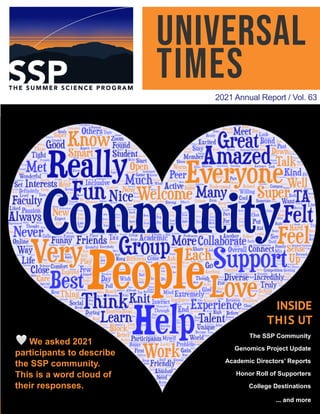 Universal
Times
2021 Annual Report / Vol. 63
INSIDE
THIS UT
The SSP Community
Genomics Project Update
Academic Directors’ Reports
Honor Roll of Supporters
College Destinations
... and more
🤍 We asked 2021
participants to describe
the SSP community.
This is a word cloud of
their responses.
 