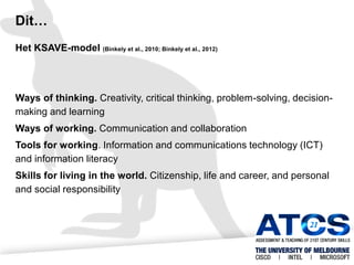 Dit…
Het KSAVE-model (Binkely et al., 2010; Binkely et al., 2012)

Ways of thinking. Creativity, critical thinking, problem-solving, decisionmaking and learning
Ways of working. Communication and collaboration
Tools for working. Information and communications technology (ICT)
and information literacy

Skills for living in the world. Citizenship, life and career, and personal
and social responsibility

 