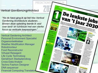 Vertical Gardening Architect
“Na de havo ging ik op het hbo Vertical
Gardening Architecture studeren.
Binnen deze opleiding leerde ik veel
over land- en tuinbouw met een sterke
focus op verticale toepassingen.”
Vertical Gardening Architect
Personal Environment Specialist
Orgaanontwikkelaar
Weather Modification Manager
Robotmonteur
Food Reconstructor
Virtueel Reisagent
Life Cycle Technoloog
Geriatrisch Stadsplanoloog
Cross-Data Analyst
Techno Fashion Designer
DNA sequencer
Financial Computing Translator

 