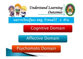 Understand Learning
Outcomes
ผลการเรียนรู้ของ สพฐ. กําหนดไว้ 3 ด้าน
Cognitive Domain
Affective Domain
Psychomoto Domain
 
