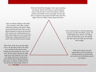 When Felix came out to the late night
movie. He shivered a little as he stood
for a moment in the narrow street,
looking up at the distant sky, alive with
stars. He stood there letting, the night
seep in him and listening. The street
was empty, the houses on the street
dim with the kind of ghostly dimness
that seems to embrace sleeping houses.
He had always liked empty streets in
the night.
Felix saw Maria reading on the table.
They looked at each other, startled.
When they talking at the bench. Maria
borrowed the book from Felix, at first
Maria hesitated to borrow the book but
Felix said it's ok so Maria borrowed it.
Felix asked Maria why is he living with
Mang Lucio. Maria answered he is my
uncle. Felix and Maria become friends.
When the World War II happen. Felix said everything
was unreal, and it's like living on a motion picture
screen with yourself as actor and audience. But the
sounds of the bombs were real enough. He also said
that in intramuros the people left their homes the first
night of the war. Many of them slept in the floor.
Felix returned home to find the apartment,
everyone was there but Maria is gone. He
asked Mang Lucio where is her, Mang
Lucio answered she's gone, she already
left. She went to her aunt, she will sleep
there tonight.
When Felix found a new girl
named Mary but Felix broke up
with her because he realized that
he is still in love with Maria and he
miss Maria.
 