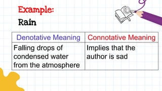 Example:
Denotative Meaning Connotative Meaning
Falling drops of
condensed water
from the atmosphere
Implies that the
author is sad
Rain
 