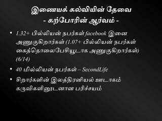 இணையக் கல்வியின் தேணவ
- கற்தறாரின் ஆர்வம் -
• 1.32+ பில்லியன் நபர்ெள் facebook இளன
அணுகுகிறார்ெள் (1.07+ பில்லியன் நபர்ெள்
ளெத்கதாளலவபசியூடாெ அணுகுகிறார்ெள்)
(6/14)
• 40 மில்லியன் நபர்ெள் – SecondLife
• சிறார்ெளின் இலத்திரனியல் ஊடாெம்
ெருவிெளினூடனான பரிச்சயம்
 