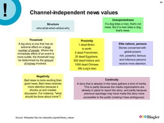 Channel-independent news values <ul><li>Structure </li></ul><ul><li>who-what-when-where-why </li></ul>Proximity 1 dead Bri...