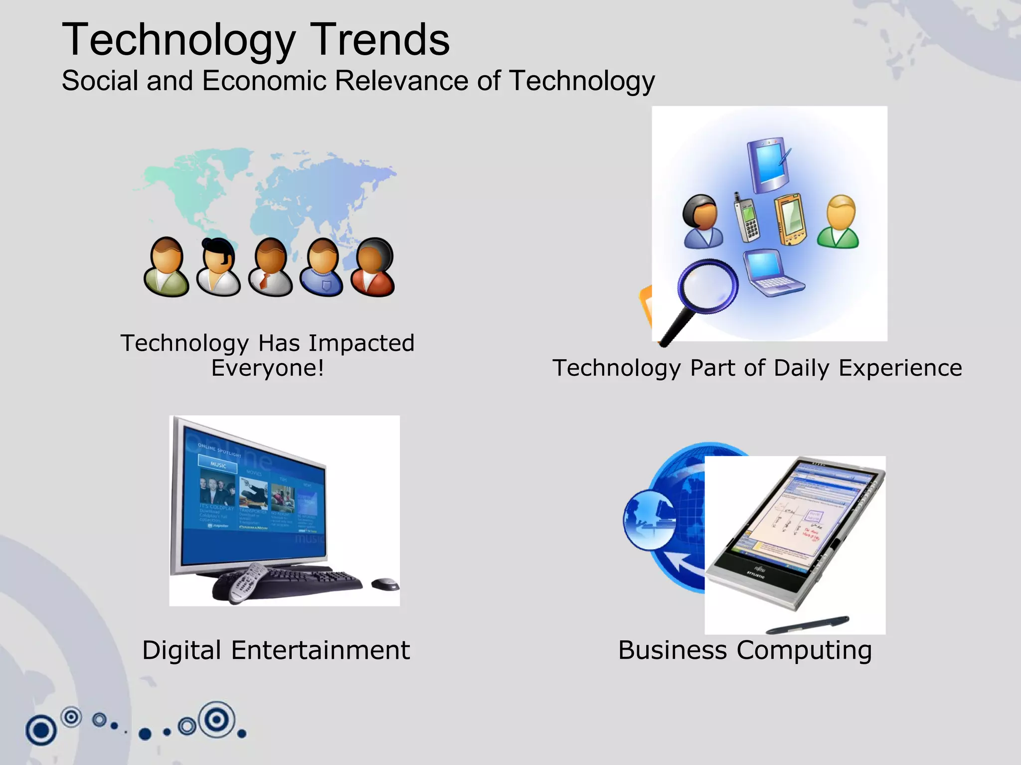 Technology Trends Social and Economic Relevance of Technology  Technology Has Impacted Everyone! Business Computing Digital Entertainment Technology Part of Daily Experience  