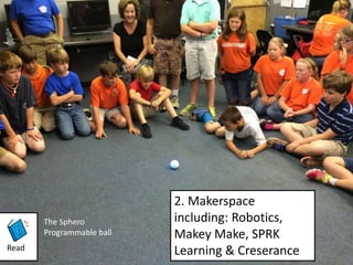 Read 
The Sphero 
Programmable ball 
2. Makerspace 
including: Robotics, 
Makey Make, SPRK 
Learning & Creserance 
 