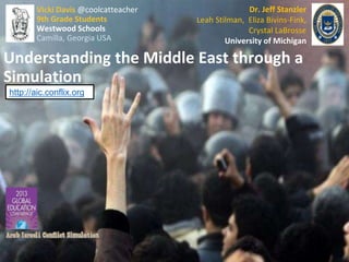 Vicki Davis @coolcatteacher 
9th Grade Students 
Westwood Schools 
Camilla, Georgia USA 
Dr. Jeff Stanzler 
Leah Stilman, Eliza Bivins-Fink, 
Crystal LaBrosse 
University of Michigan 
Understanding the Middle East through a 
Simulation 
http://aic.conflix.org 
 