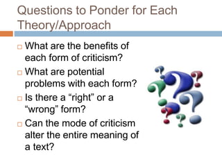 Questions to Ponder for Each
Theory/Approach
 What are the benefits of
each form of criticism?
 What are potential
problems with each form?
 Is there a “right” or a
“wrong” form?
 Can the mode of criticism
alter the entire meaning of
a text?
 