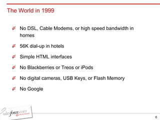 No DSL, Cable Modems, or high speed bandwidth in homes 56K dial-up in hotels Simple HTML interfaces No Blackberries or Treos or iPods No digital cameras, USB Keys, or Flash Memory No Google The World in 1999 