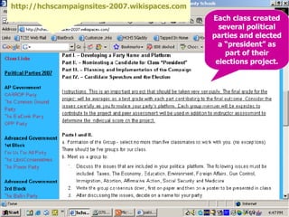 Each class created several political parties and elected a “president” as part of their elections project. http://hchscampaignsites-2007.wikispaces.com   