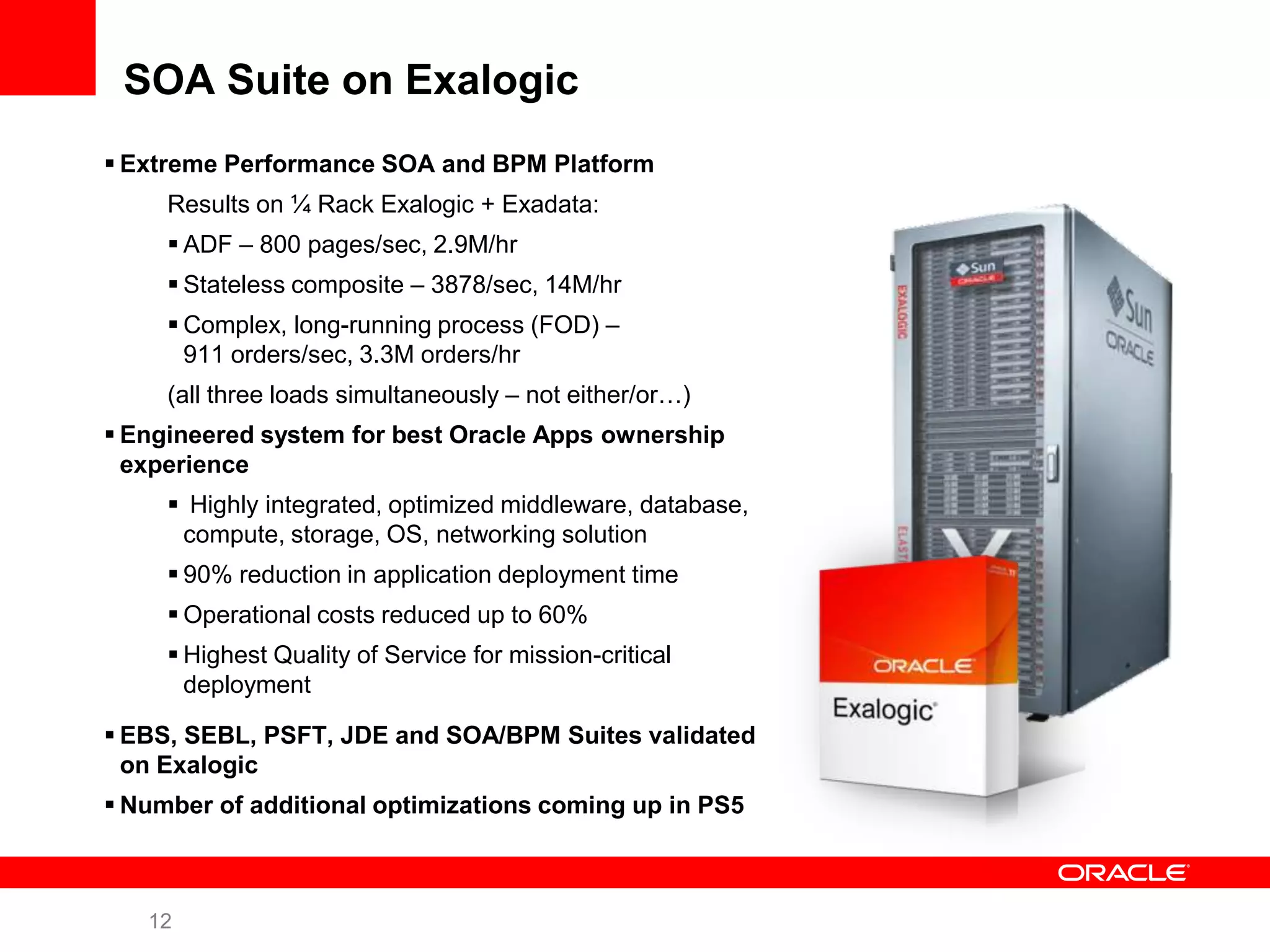 SOA Suite on Exalogic
 Extreme Performance SOA and BPM Platform
     Results on ¼ Rack Exalogic + Exadata:
      ADF – 800 pages/sec, 2.9M/hr
      Stateless composite – 3878/sec, 14M/hr
      Complex, long-running process (FOD) –
       911 orders/sec, 3.3M orders/hr
     (all three loads simultaneously – not either/or…)
 Engineered system for best Oracle Apps ownership
  experience
      Highly integrated, optimized middleware, database,
      compute, storage, OS, networking solution
      90% reduction in application deployment time
      Operational costs reduced up to 60%
      Highest Quality of Service for mission-critical
       deployment

 EBS, SEBL, PSFT, JDE and SOA/BPM Suites validated
  on Exalogic
 Number of additional optimizations coming up in PS5



   12
 
