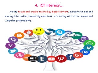 4. ICT literacy…
Ability to use and create technology-based content, including finding and
sharing information, answering questions, interacting with other people and
computer programming…
 