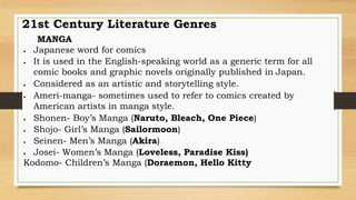 21st Century Literature Genres
MANGA
 Japanese word for comics
 It is used in the English-speaking world as a generic term for all
comic books and graphic novels originally published in Japan.
 Considered as an artistic and storytelling style.
 Ameri-manga- sometimes used to refer to comics created by
American artists in manga style.
 Shonen- Boy’s Manga (Naruto, Bleach, One Piece)
 Shojo- Girl’s Manga (Sailormoon)
 Seinen- Men’s Manga (Akira)
 Josei- Women’s Manga (Loveless, Paradise Kiss)
Kodomo- Children’s Manga (Doraemon, Hello Kitty
 