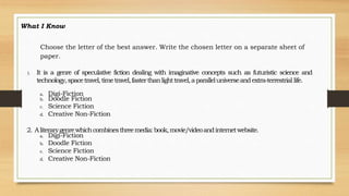 What I Know
Choose the letter of the best answer. Write the chosen letter on a separate sheet of
paper.
1. It is a genre of speculative fiction dealing with imaginative concepts such as futuristic science and
technology,spacetravel,timetravel,fasterthanlighttravel,aparalleluniverseandextra-terrestrial life.
a. Digi-Fiction
b. Doodle Fiction
c. Science Fiction
d. Creative Non-Fiction
2. Aliterarygenrewhichcombinesthreemedia:book,movie/videoandinternetwebsite.
a. Digi-Fiction
b. Doodle Fiction
c. Science Fiction
d. Creative Non-Fiction
 