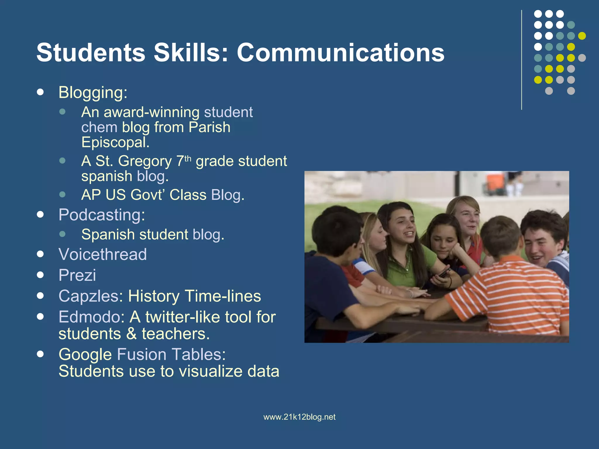 Students Skills: Communications Blogging:  An award-winning  student  chem   blog  from Parish Episcopal.  A St. Gregory 7 th  grade student spanish  blog .  AP US Govt’ Class  Blog .  Podcasting :  Spanish student  blog .  Voicethread Prezi Capzles : History Time-lines Edmodo : A twitter-like tool for students & teachers.  Google  Fusion Tables : Students use to visualize data 