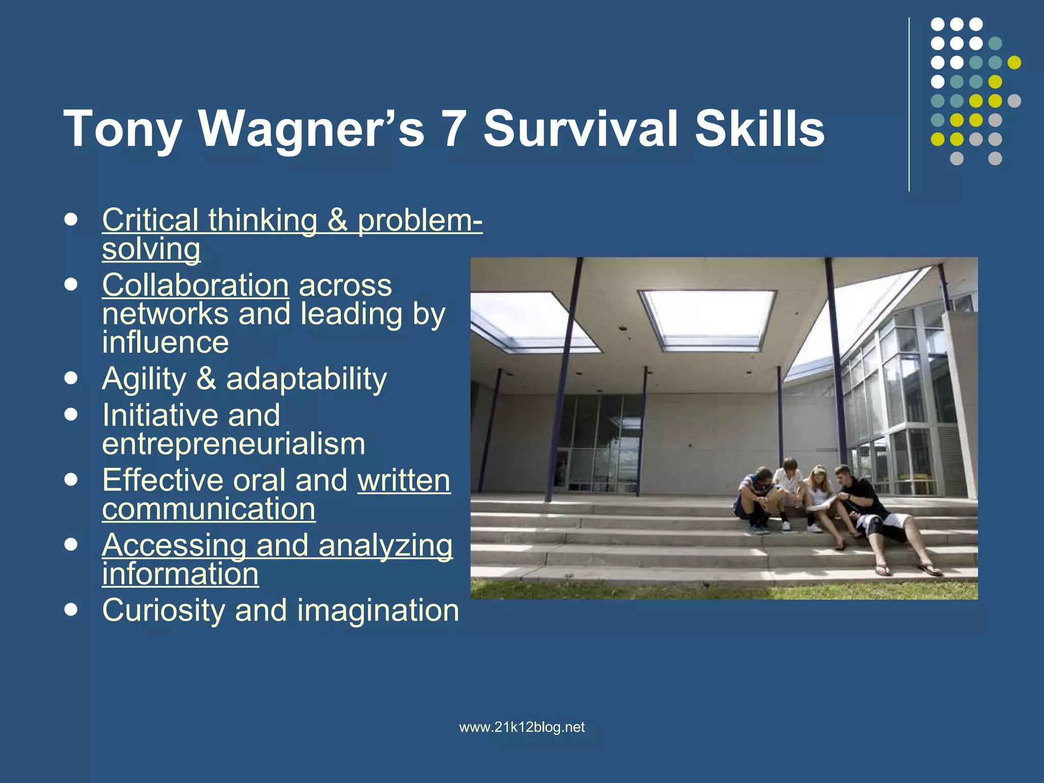 Tony Wagner’s 7 Survival Skills Critical thinking & problem-solving Collaboration  across networks and leading by influence Agility & adaptability Initiative and entrepreneurialism Effective oral and  written communication Accessing and analyzing information Curiosity and imagination 