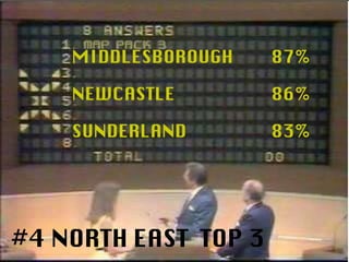 #4 NORTH EAST  TOP 3 SUNDERLAND 83% NEWCASTLE 86% MIDDLESBOROUGH 87% 