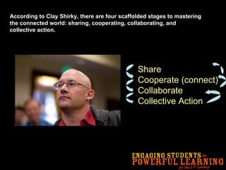 According to Clay Shirky, there are four scaffolded stages to mastering the connected world: sharing, cooperating, collaborating, and collective action.   Share Cooperate (connect) Collaborate Collective Action 