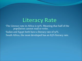 •The Literacy rate in Africa is 50%. Meaning that half of the
population cannot read or write.
•Sudan and Egypt both have a literacy rate of 51%.
•South Africa, the most developed has an 83% literacy rate.
 