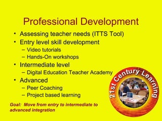 Professional Development
• Assessing teacher needs (ITTS Tool)
• Entry level skill development
– Video tutorials
– Hands-On workshops
• Intermediate level
– Digital Education Teacher Academy
• Advanced
– Peer Coaching
– Project based learning
Goal: Move from entry to intermediate to
advanced integration
 