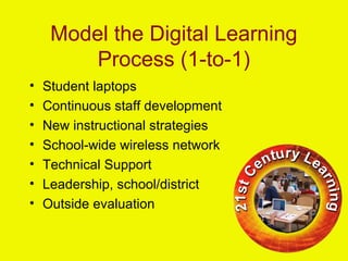 Model the Digital Learning
Process (1-to-1)
• Student laptops
• Continuous staff development
• New instructional strategies
• School-wide wireless network
• Technical Support
• Leadership, school/district
• Outside evaluation
 