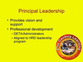 Principal Leadership
• Provides vision and
support
• Professional development
– DETA/Administrators
– Aligned to HRD leadership
program
 