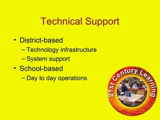 Technical Support
• District-based
– Technology infrastructure
– System support
• School-based
– Day to day operations
 