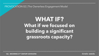 WHAT IF?
What if we focused on
building a signiﬁcant
grassroots capacity?
PROVOCATION 02 | The Ownerless Engagement Model
...
