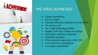 WE HAVE ACHIEVED
 Cheap construction
 Easy to install
 Fast and efficient comparative to old robots
 No massive size
 No weight balancing problem
 Support with four columns in ceilings
 Movement with three diagonals
 Hydraulic actuation
 Piston control using motor with CAM
 Less electricity consumption
 Less space requirement
 